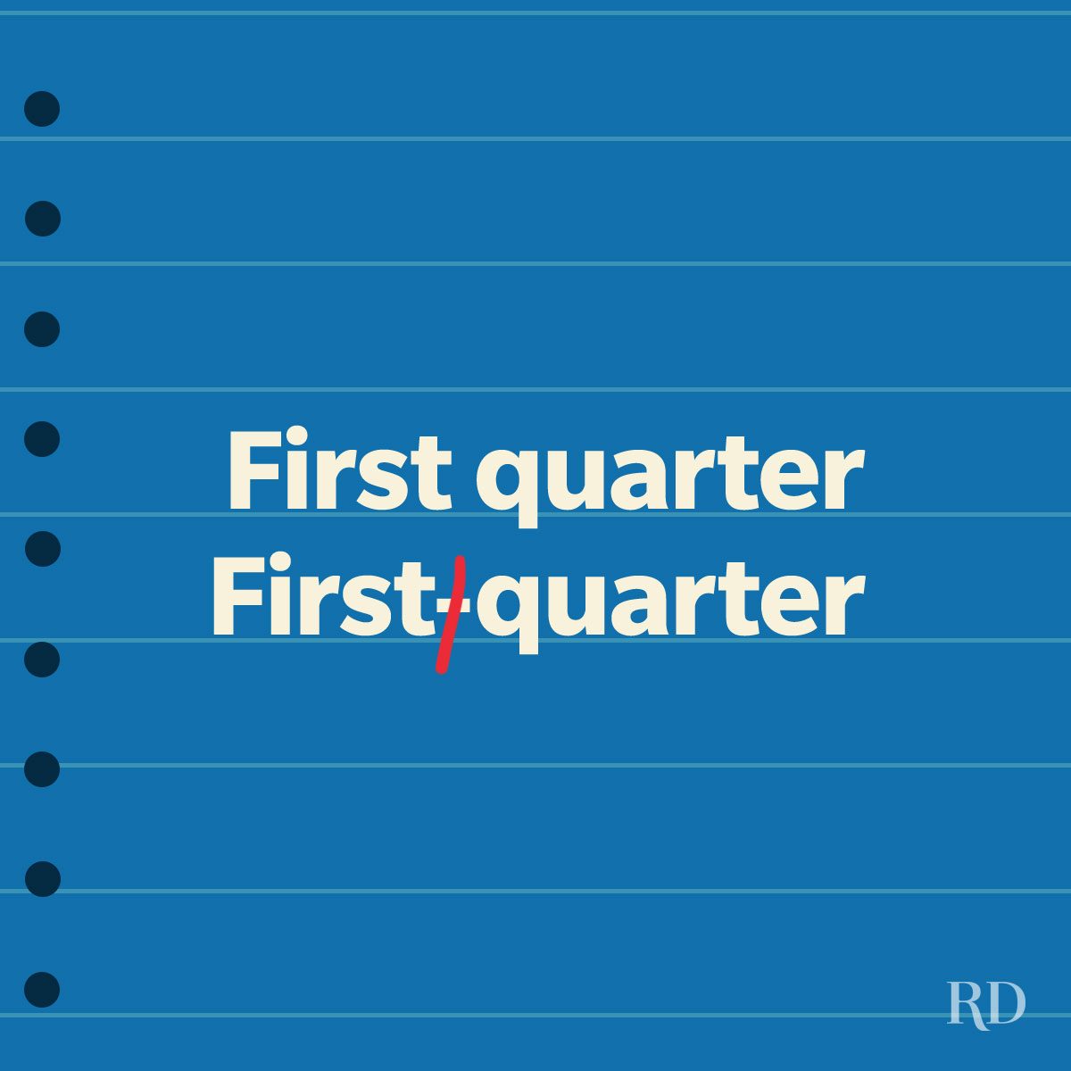 Crossed out hyphen in red color to indicate the right form of english grammar.