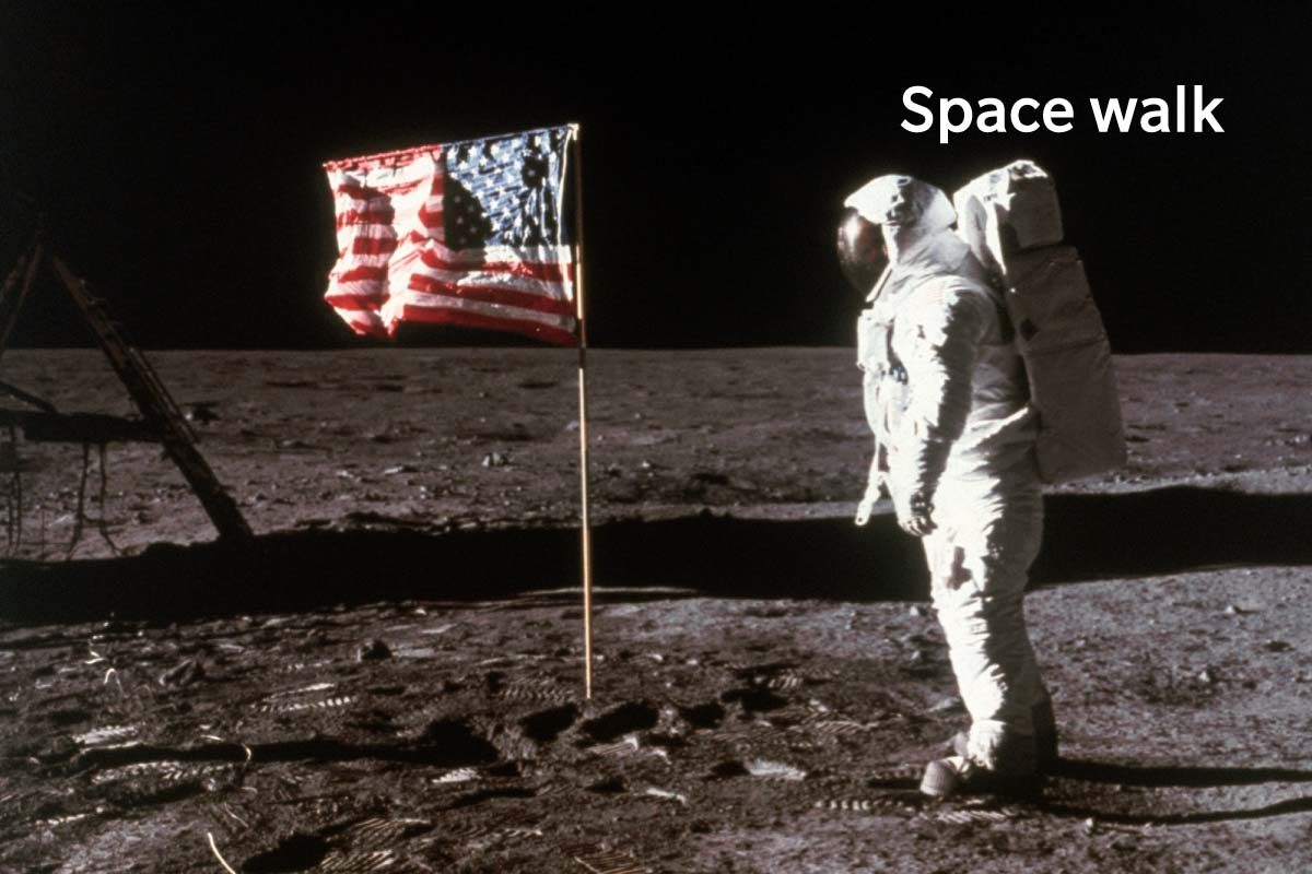 Space Walk Astronaut Aldrin And American Flag On The Moon