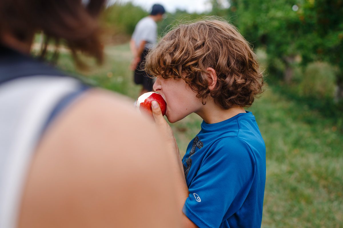 View over a woman's shoulder of a boy biting into red apple in orchard
