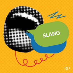 A graphic art with pop colors and elements and a speech bubble with a word written on it - SLANG.