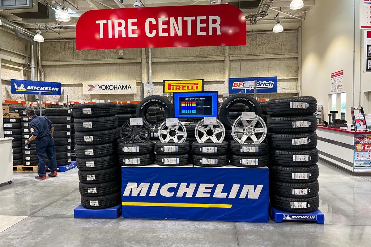 Various brand's tires in the costco store