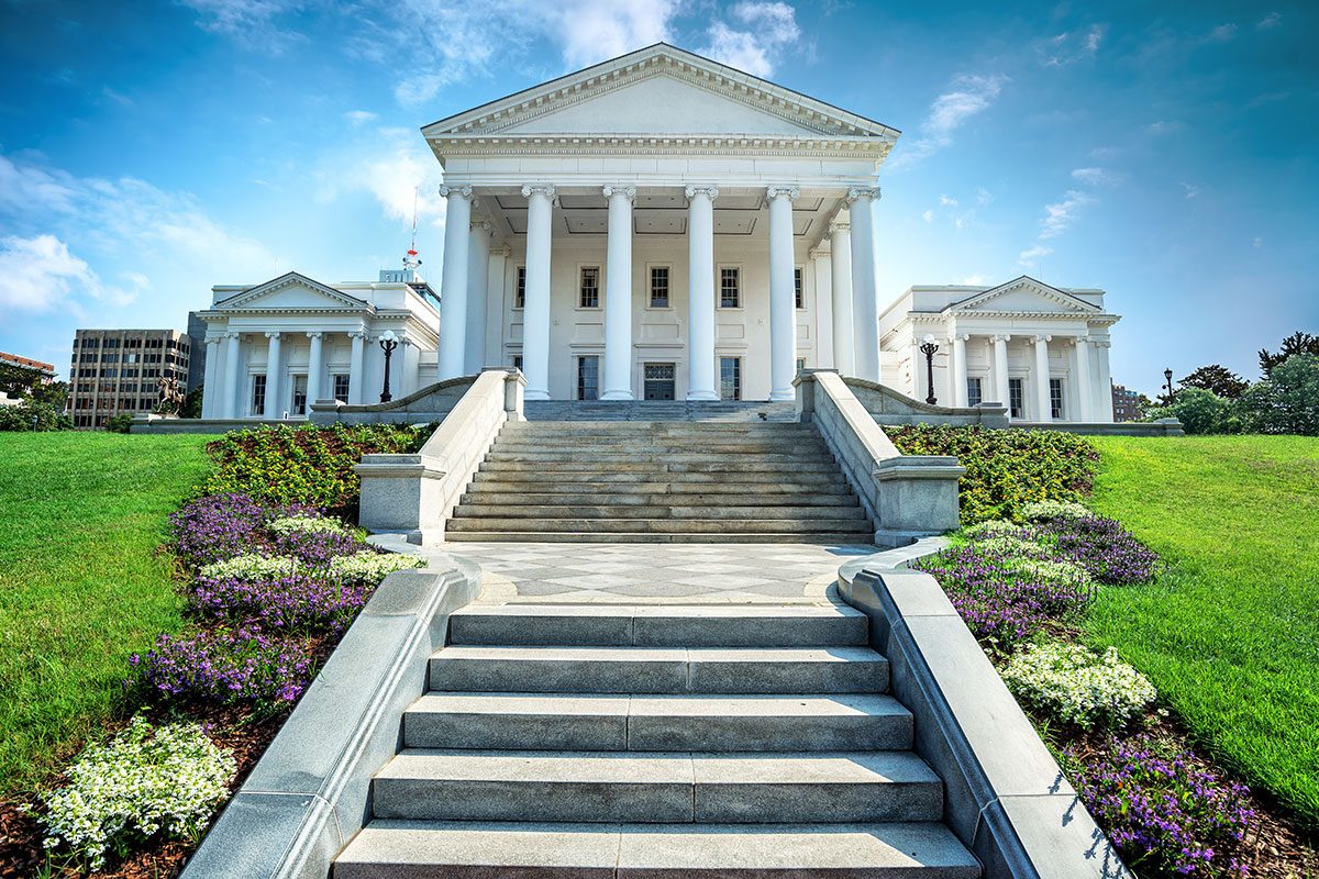 Sunny spring day in the capital city of Richmond Virginia - Looking up the hill at the State Capitol building of Virginia.