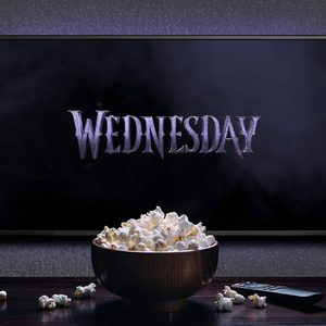 TV screen playing Wednesday trailer