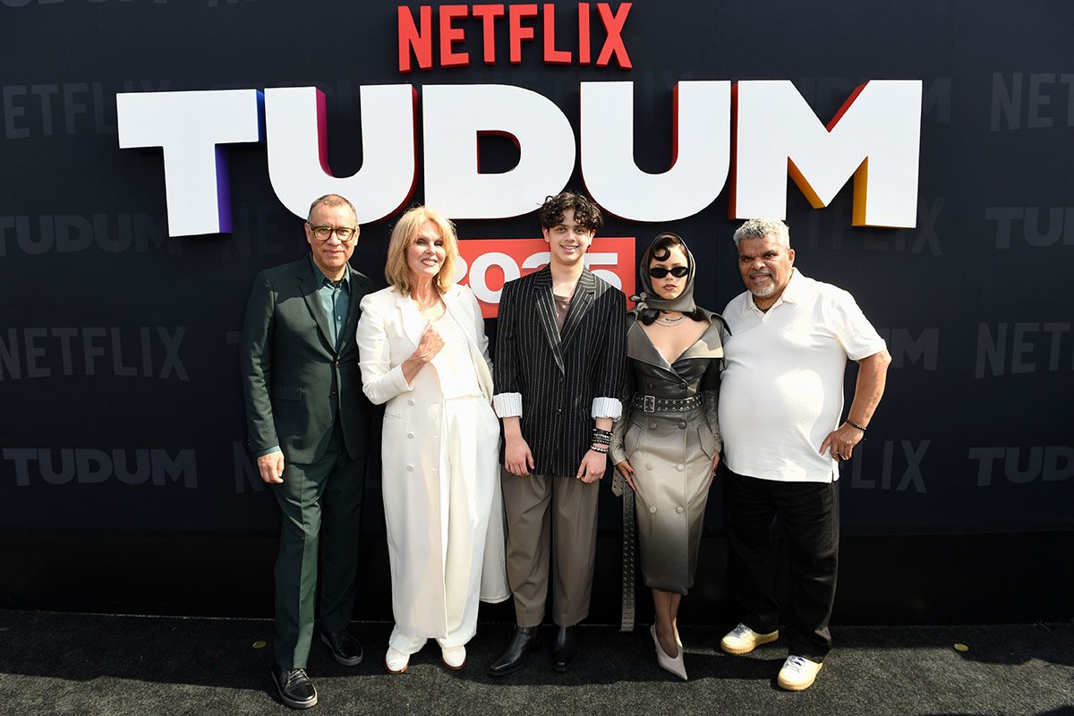 (L-R) Fred Armisen, Joanna Lumley, Isaac Ordonez, Jenna Ortega and Luis Guzmán attend NETFLIX TUDUM 2025