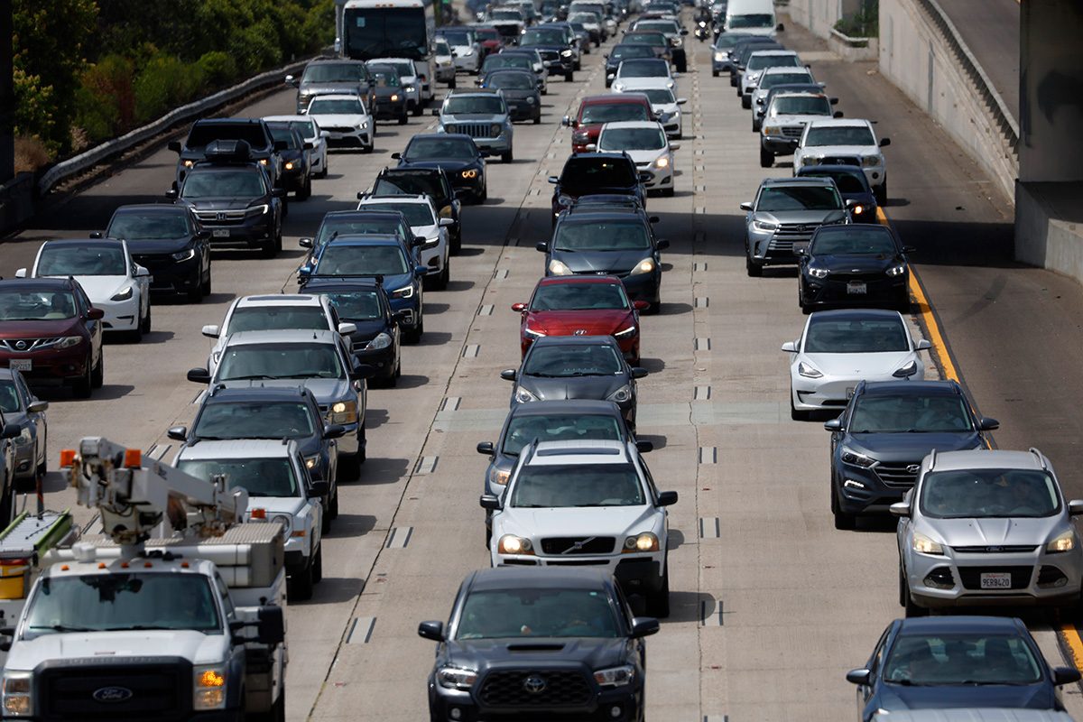 Drivers sit in traffic on southbound Interstate 5 during the afternoon commute heading into downtown San Diego