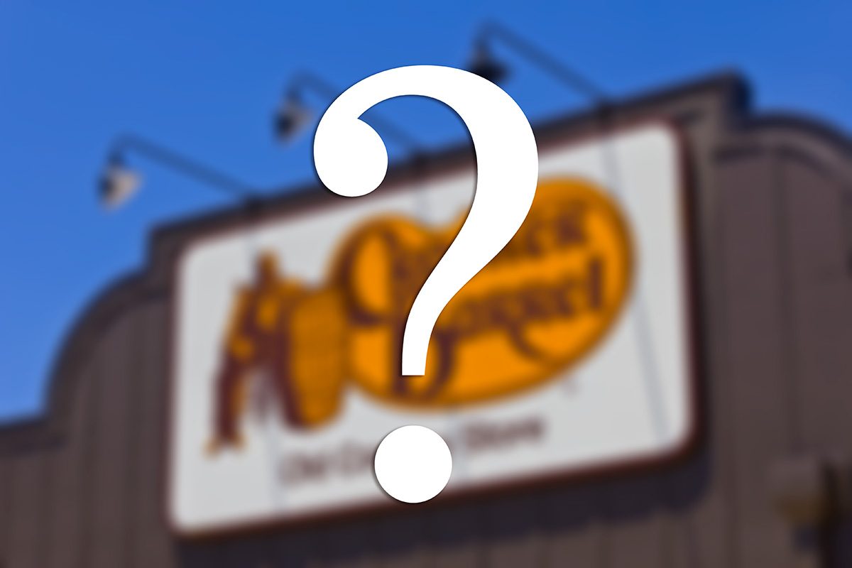 Cracker Barrel logo blurred in the background with question mark in the foreground